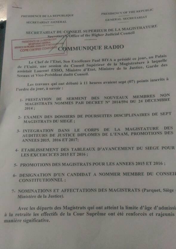 Le Cameroun de Paul Biya et son simulacre de Conseil Supérieur de la Magistrature.